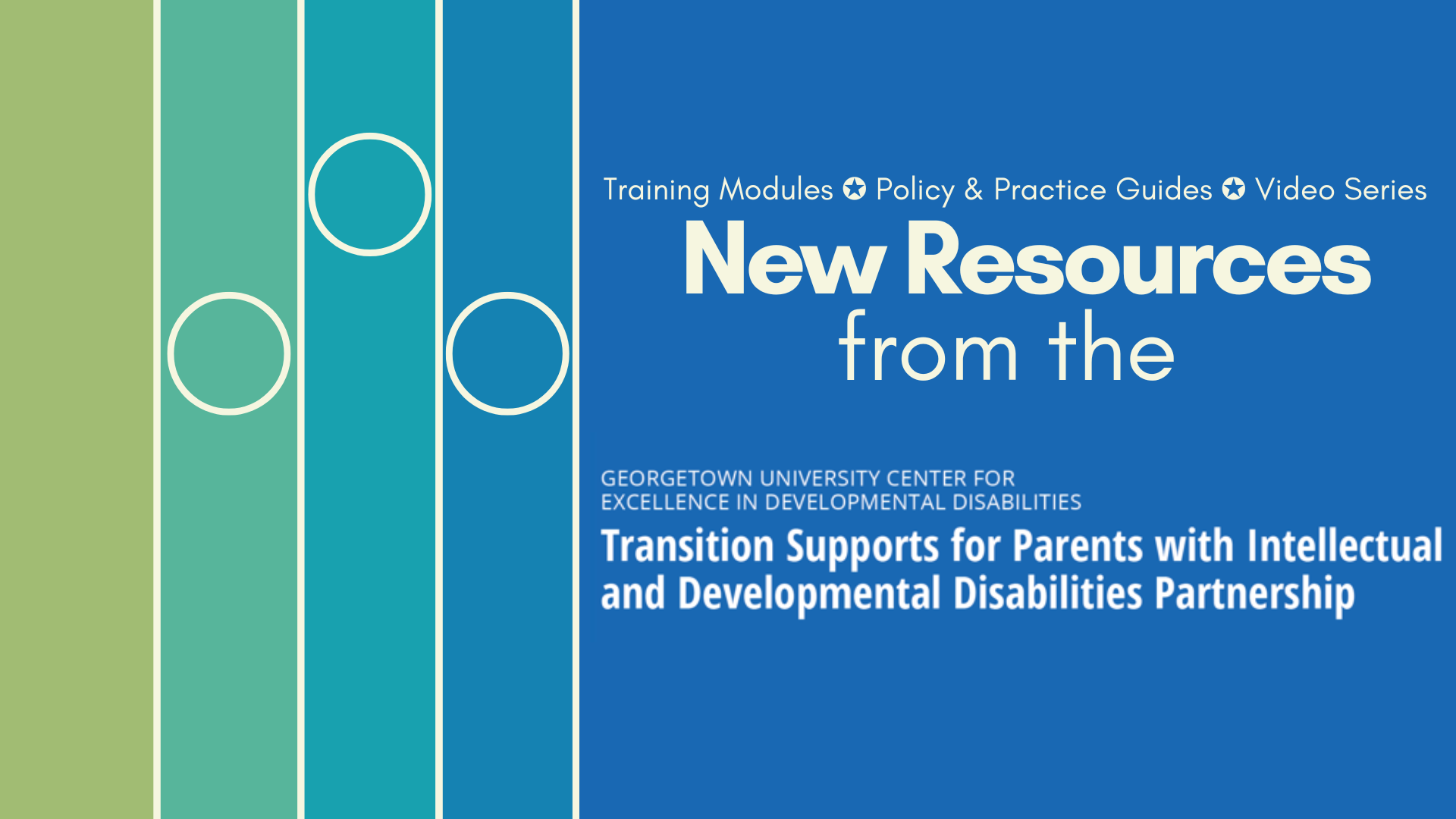 An announcement that reads "training modules - policy & practice guides - video series new resources from the Georgetown University Center for Excellence in Developmental Disabilities Transition Supports for Parents with Intellectual and Developmental Disabilities Partnership". On the left are a blue and green gradient of lines and circles