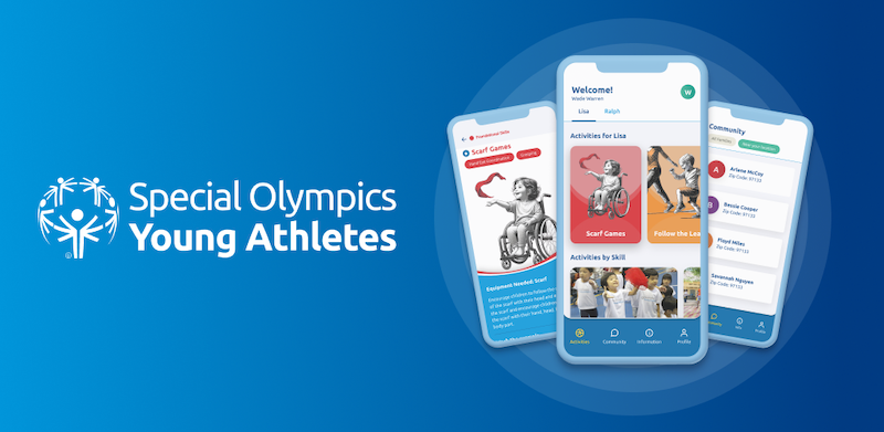 Special Olympics Young Athletes shares a new app. Three smartphones displaying screenshots of the app. A child in a wheelchair plays with a scarf.